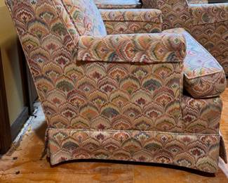 Pair of Baker Furniture Club Chairs Upholstered in Flame Stitch Fabric. Each Measures 28" W x 32" D x 18" Seat Height. Photo 2 of 6.