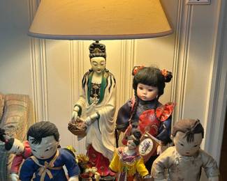 Vintage Asian Character Dolls and Porcelain Figurine Lamp