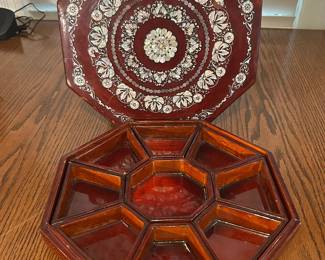 Vintage Lacquered Wooden Box: Octagonal Mother of Pearl Inlay