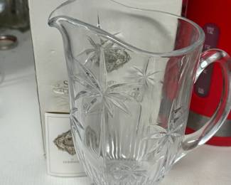 Cut Crystal Floral Palm Trees Glass Water Pitcher