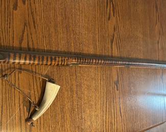 Antique American Tiger Stripe Stock Longrifle w/ Powder Horn