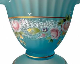 Fenton Charleton Collection Hand-Painted Blue Satin Glass Basket Signed Bill Fenton 2002