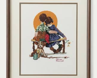 Norman Rockwell Style Cross Stitch "Boy and Girl Gazing at the Moon"