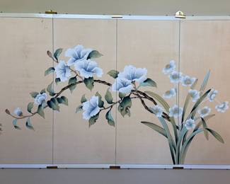 Asian Style Four-Panel Floral and Bird Screen