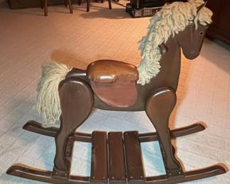 Mid-Century Style Wooden Rocking Horse with Yarn Mane