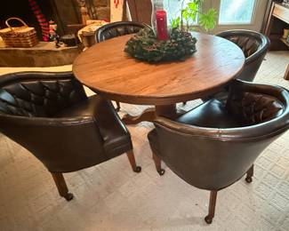 Tufted Leather Barrel Chair and Pedestal Table Set