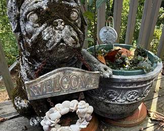 Cast Stone Pug Garden Statue with Welcome Sign