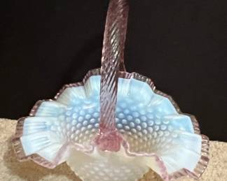 Fenton Hobnail Opalescent Basket with Pink Crest and Handle