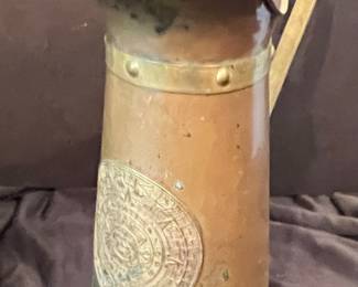 Vintage Mexican Copper and Brass Pitcher with Aztec Calendar Medallion