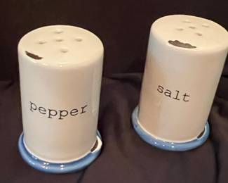 Rae Dunn Style Salt and Pepper Shakers with Blue Trim