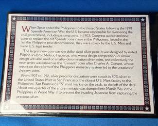 US Philippines 1907-S One Peso Silver Coin in PCS Presentation Folder