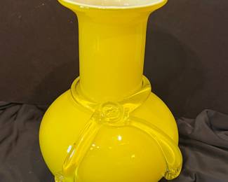 Mid-Century Modern Style Yellow Blown Glass Vase with Applied Clear Glass