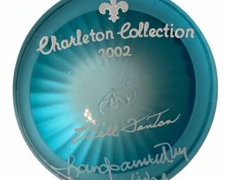 Fenton Charleton Collection Hand-Painted Blue Satin Glass Basket Signed Bill Fenton 2002