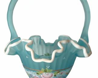 Fenton Charleton Collection Hand-Painted Blue Satin Glass Basket Signed Bill Fenton 2002