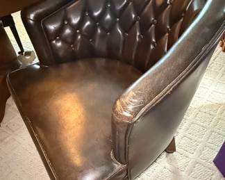 Tufted Leather Barrel Chair and Pedestal Table Set