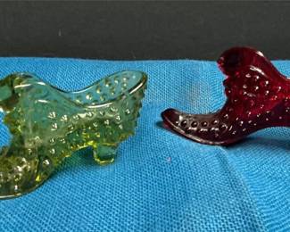 Lot # : 36 - 2 Vintage Fenton Hobnail Cat Head Glass Slippers