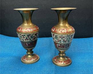 Lot # : 86 - Pair of Etched Painted Brass Vases