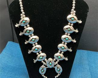 Lot # : 59 - Native American Squash Blossom Turquoise Necklace