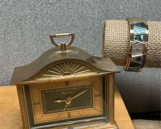 Lot # : 152 - Bulova Tabletop Clock & Abalone Bangle Watch