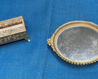 Lot # : 25 - Vintage Filligree Gold-tone Mirror and Trinket Box