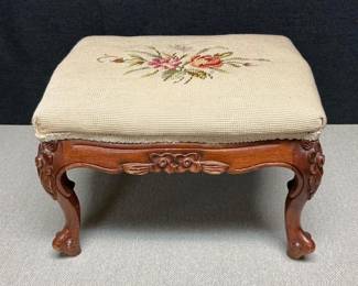 Lot # : 43 - Vintage Wooden Stool With Floral Stitched Top