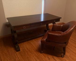 Hooker Furniture Kinsey Desk & Joker Leather Chair — $1,000 for Both High-end Hooker Furniture set in excellent condition. Genuine top-grain leather chair. Desk: 60”W × 30”D × 30”H — $500 Chair: 25.5”W × 28”D × 34”H — $600 Buy both: $1,000