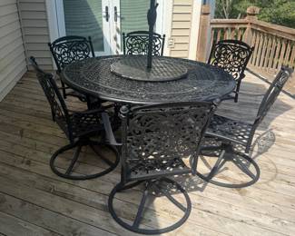 Cast Aluminum Patio Dining Set – Round Table, 6 Chairs & Umbrella – $850