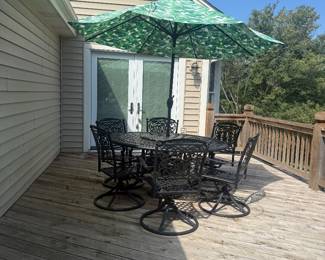 Cast Aluminum Patio Dining Set – Round Table, 6 Chairs & Umbrella – $850