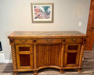 Highlands Traditional Sideboard / Buffet — $450 Large traditional sideboard with stone/marble inset top, barley-twist columns, inlaid accents, 3 drawers and cabinet storage. Very good condition.