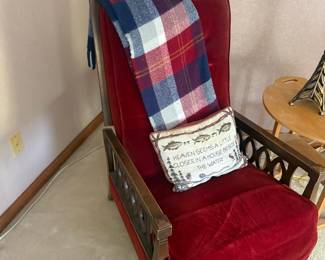 Antique Early 1900s Oak Morris Reclining Chair – Crimson Velvet & Pull-Out Footrest — $250 (Age Related Seat Fraying on one side)