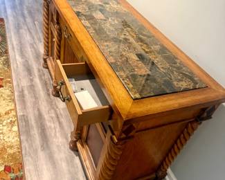 Highlands Traditional Sideboard / Buffet — $450 Large traditional sideboard with stone/marble inset top, barley-twist columns, inlaid accents, 3 drawers and cabinet storage. Very good condition.