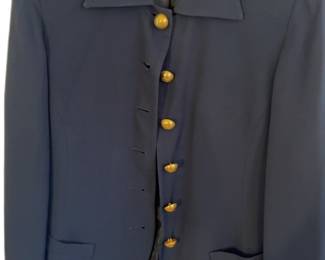 Size 4 Christian Dior Vintage Navy Blue Wool Blazer with Gold Crest Buttons.