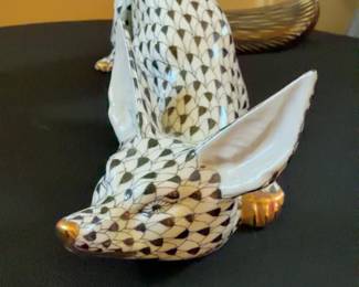 24K Gold Accents Herend Hungary Hand-Painted Black Fishnet Fox Figurine