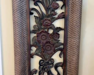 23”x43” Large Ornately Carved Wooden Floral Wall Art with Woven Border