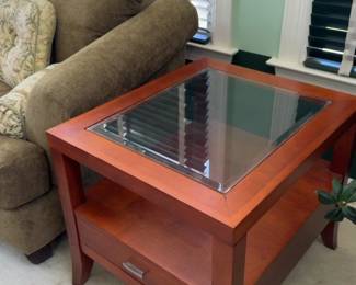 28”x24”x24”Modern Wood End Table with Glass Inset and Storage Drawer