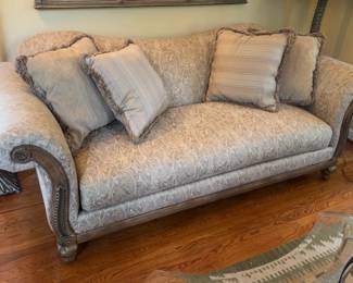 89”x40”x35” Vintage Camelback Paisley Loveseat with Ornate Wood Carvings