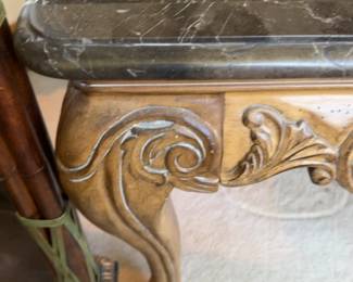 30”x30”x27” Ornate Carved Wood End Table with Faux Marble Top