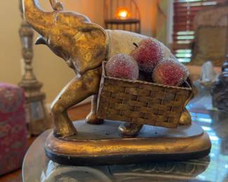 Vintage Gold Elephant Statue with Fruit Basket Decor