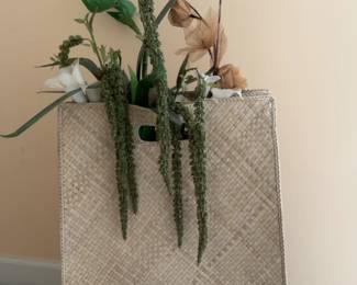 26” Tall Woven Natural Fiber Floor Vase with Decorative Floral Arrangement