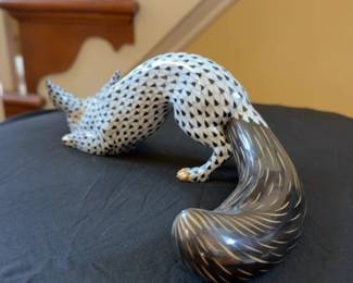 24K Gold Accents Herend Hungary Hand-Painted Black Fishnet Fox Figurine
