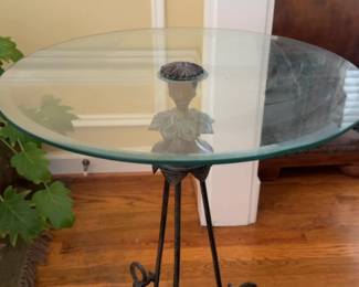 25”x20” Neoclassical Verdigris Metal & Glass Gueridon Side Table