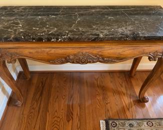 51”x18”x30” Ornate Carved Wood Coffee Table with Black Marble Top