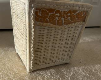11”x10”x11” Vintage Style Woven Wicker Wastebasket with Carved Floral Detail