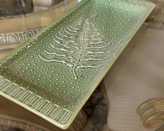 7”x17” Made in Portugal Studio Nova, Green Ceramic Fern Leaf Serving Dish Plate