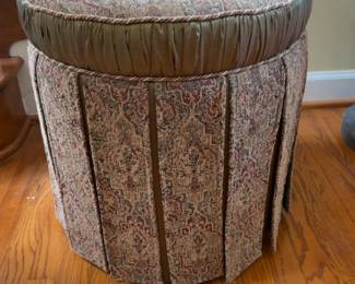 18”x20” Bombay Round Upholstered Ottoman with Tapestry Pattern and Pleated Details