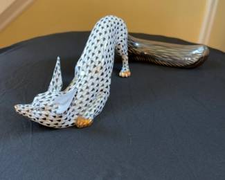 24K Gold Accents Herend Hungary Hand-Painted Black Fishnet Fox Figurine