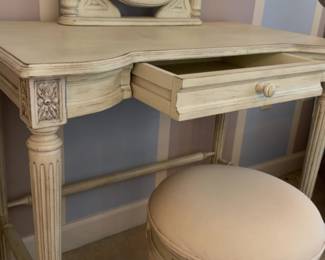 35”x19”30 Vintage French Provincial Vanity Set – Dressing Table, Oval Mirror & Stool