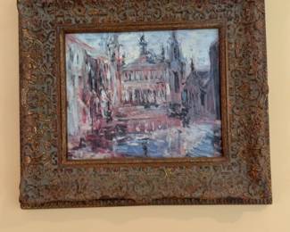 18”x16” Impressionist Cityscape Oil Painting in Ornate Gilt Frame