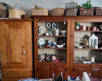 twin bookcases and tiger maple armoire with baskets