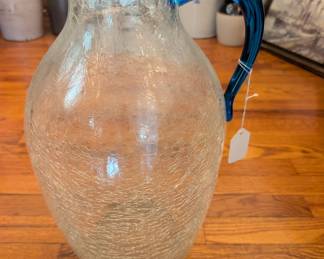 Blenko #417 Clear Crackle Glass Moonshine Jug with Blue Handle